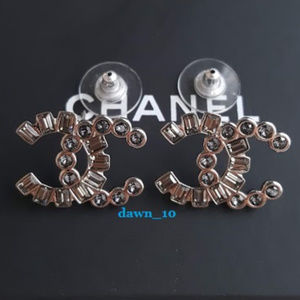 Chanel Large Grey Crystal CC Earrings, Silver.